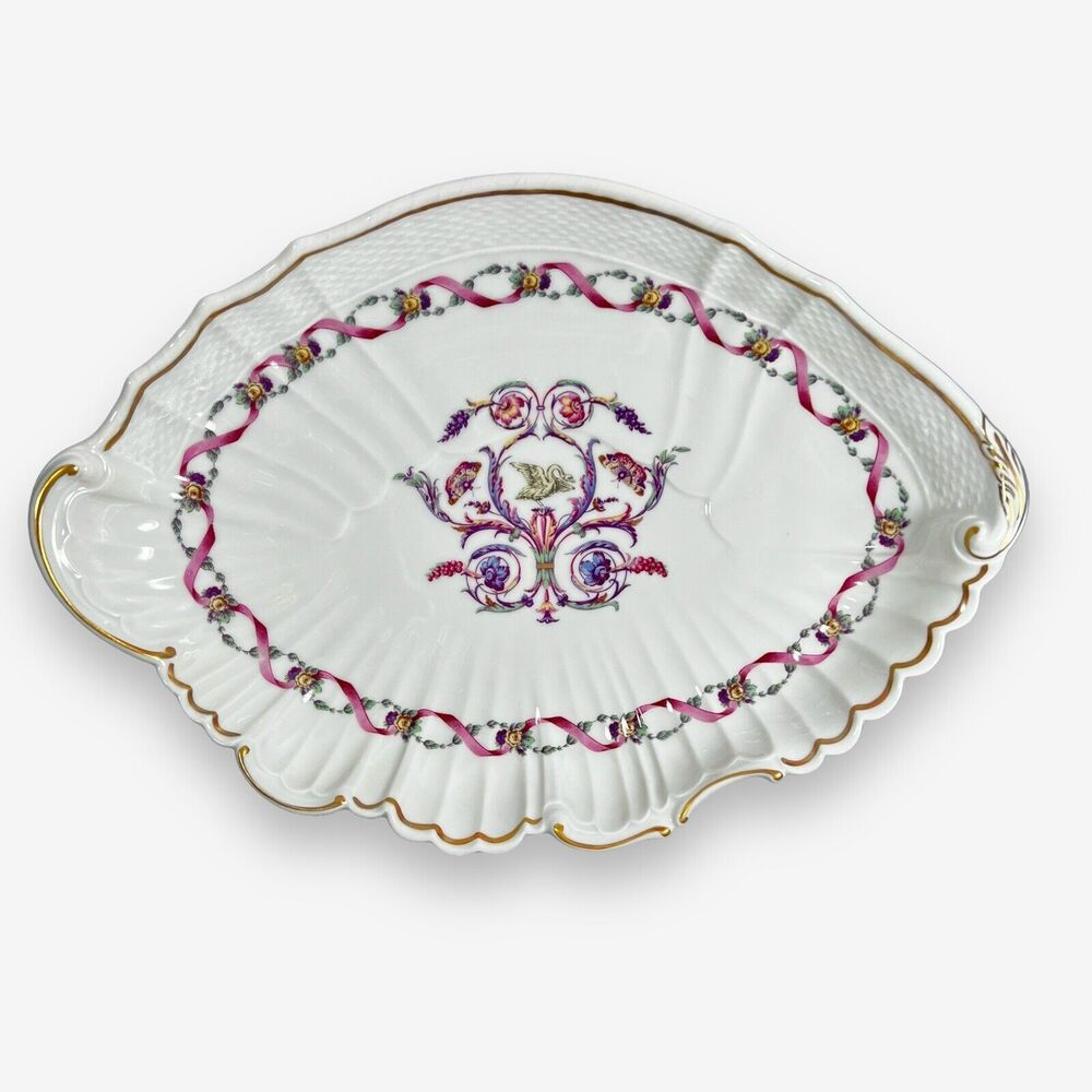 Richard Ginori RAPALLO PINK RIBBON Swans, oval dish with gold trim 11 ins x 7 in